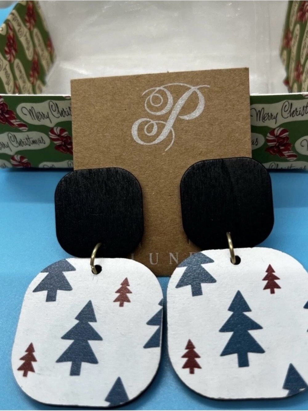 Plunder Design Pine Tree Print Festive Dangle Earrings New in box shown. Clarice
